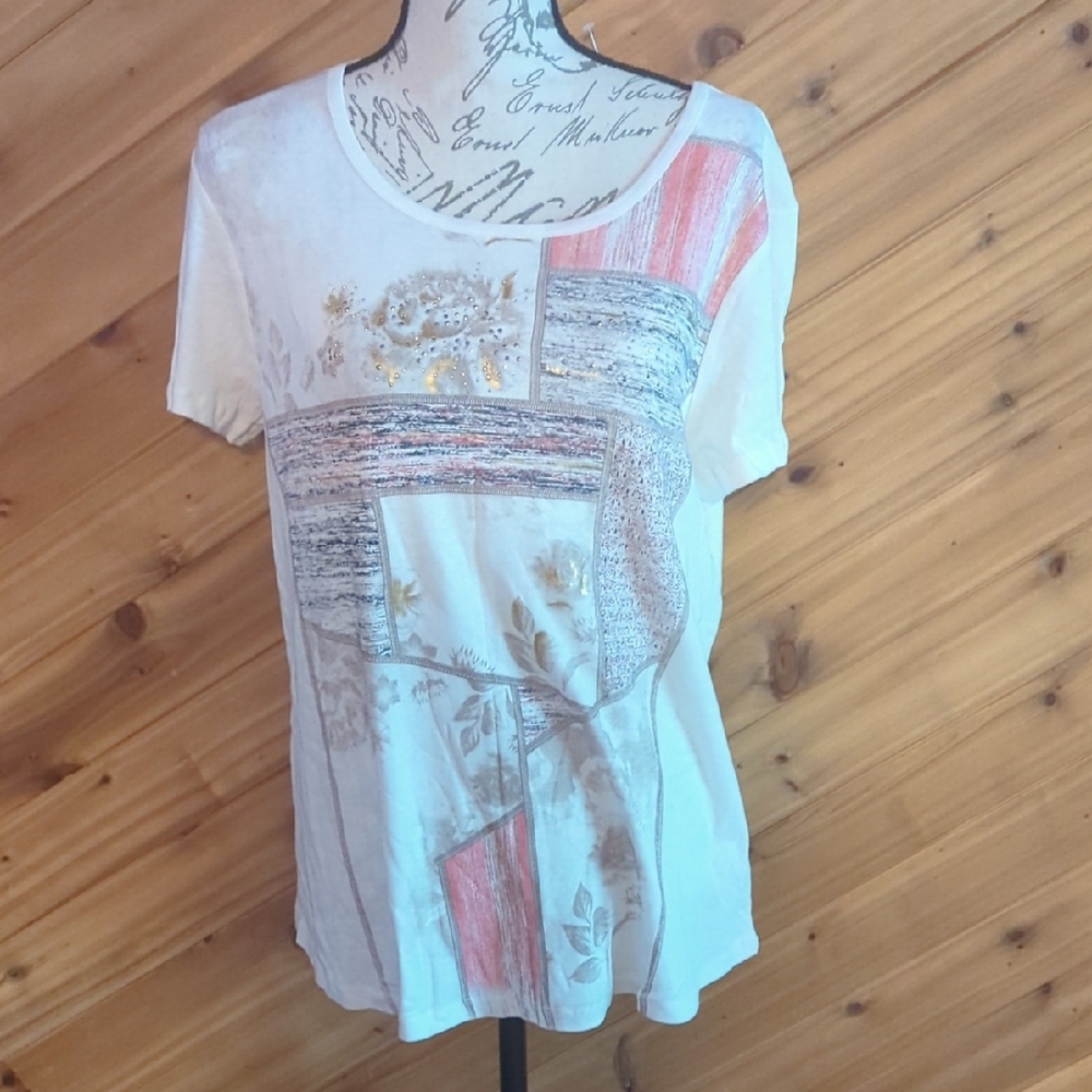 Christopher & Banks White and Pink Patchwork Tee